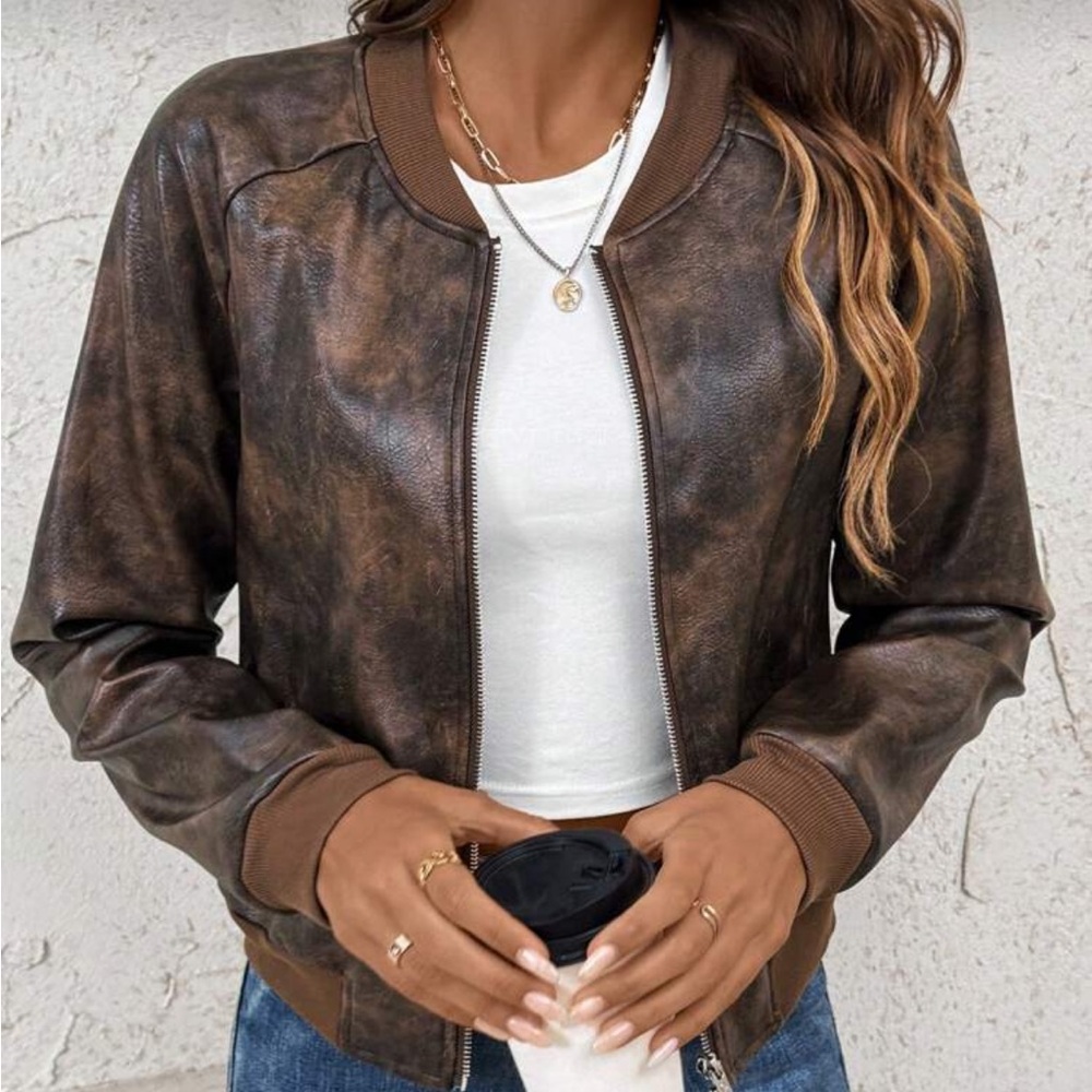 NWOT SIZE M Brown Leather style Bomber Jacket